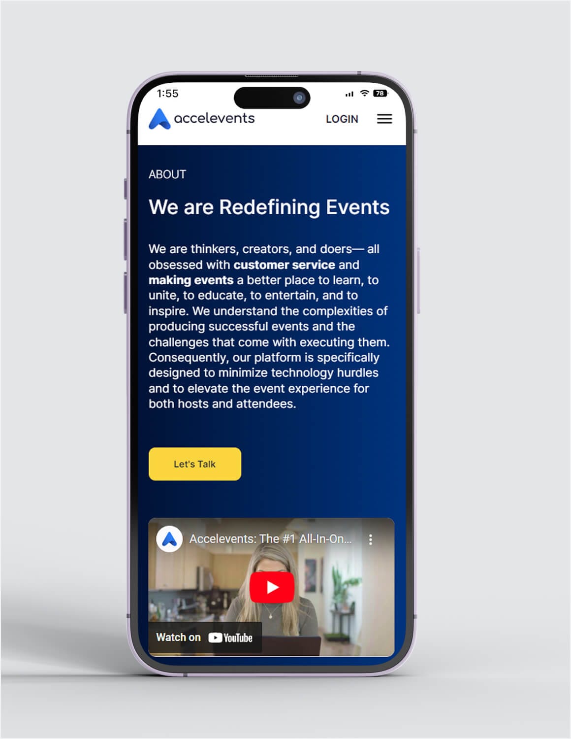 Accelevents website on mobile